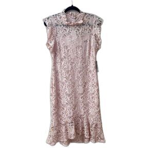 EnFocus Studio Pink Lace Overlay Dress High Neck Midi Event - 10